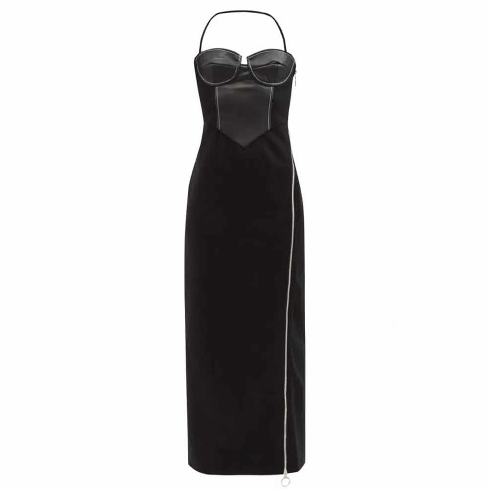 STAUD Hindley Faux Leather Corset Halter Neck Exposed Zipper Black Midi Dress - Picture 12 of 16